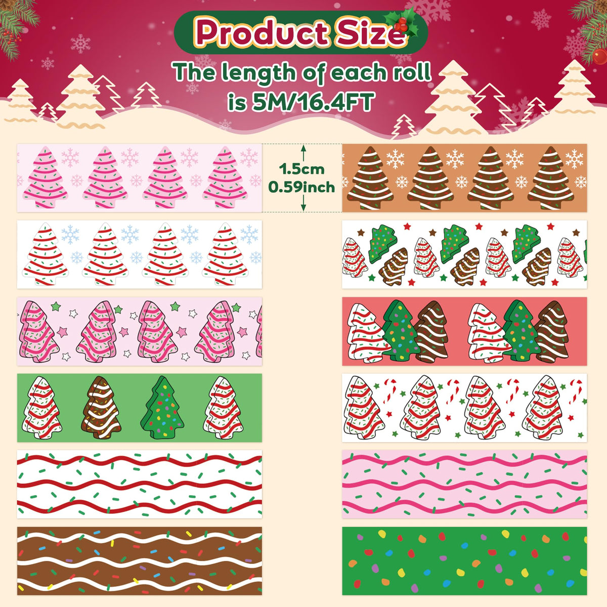 BkeeCten Christmas Tree Washi Tape - 12Pcs Sweet Dessert Gingerbread Scrapbook Washi Colored