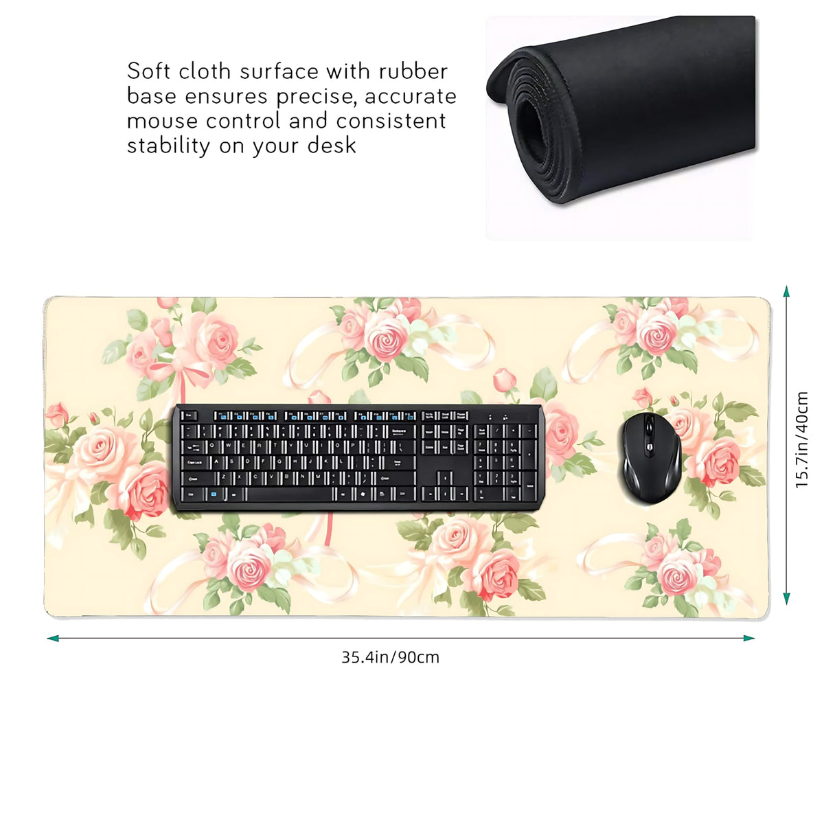 Cute Floral Aesthetic Rose Gaming Mouse Pad, Pink Macaron Desk Mat with Anti-Slip Base & Stitched