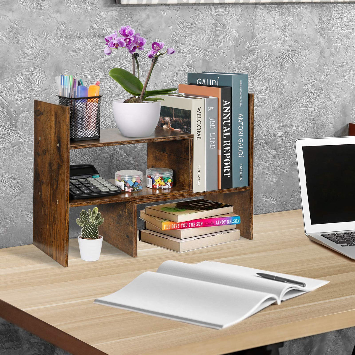Sorfity Expandable Wood Desktop Bookshelf Desktop Organizer Office Storage Rack Wood Display Shelf