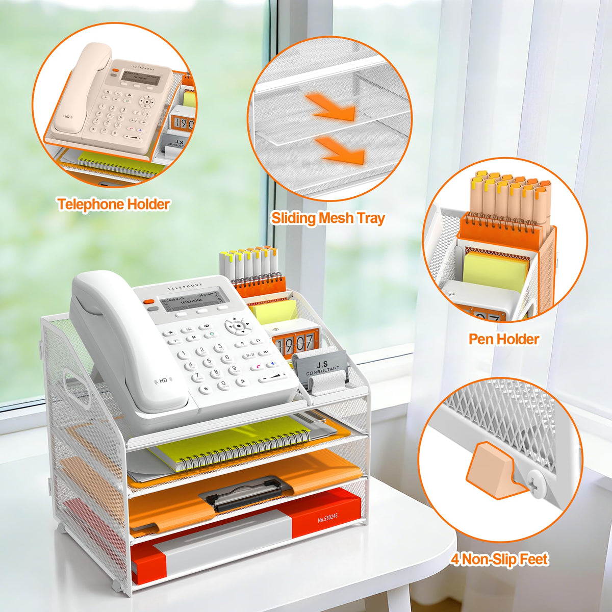 DocNest 4 Tier Metal Mesh Desk File Organizer with Phone Shelf, White