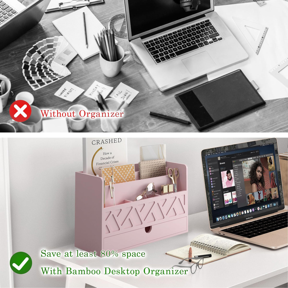 Wisuce Bamboo Mail Organizer with Drawer, Countertop Desk Organizer (Pink)