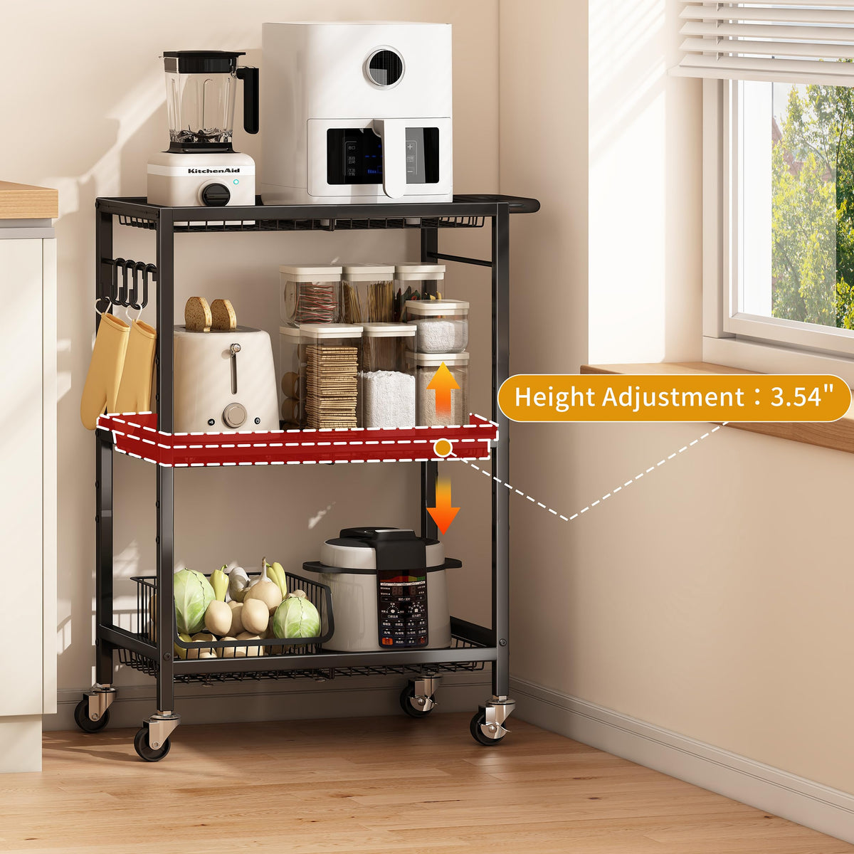 3-Tier Rolling Cart, Space-Saving Kitchen Cart with 150Lbs Capacity, Black Storage Cart with 2