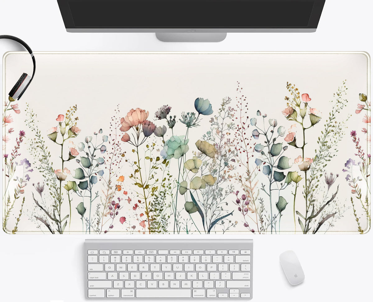 Floral Desk Mat Beige Boho Desk Pad, Large Extend Mouse Pad XXL, Cute Minimalist Flowers Keyboard