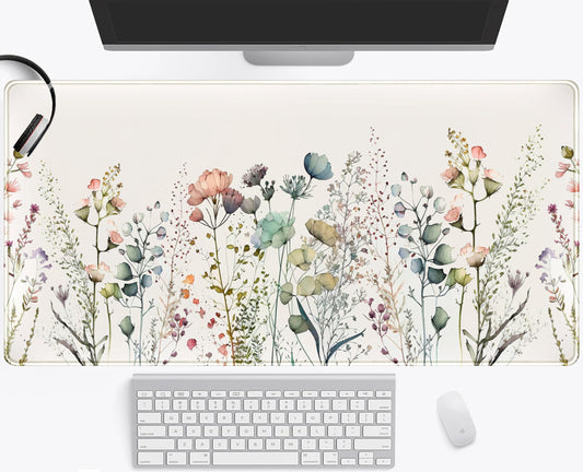 Floral Desk Mat Beige Boho Desk Pad, Large Extend Mouse Pad XXL, Cute Minimalist Flowers Keyboard