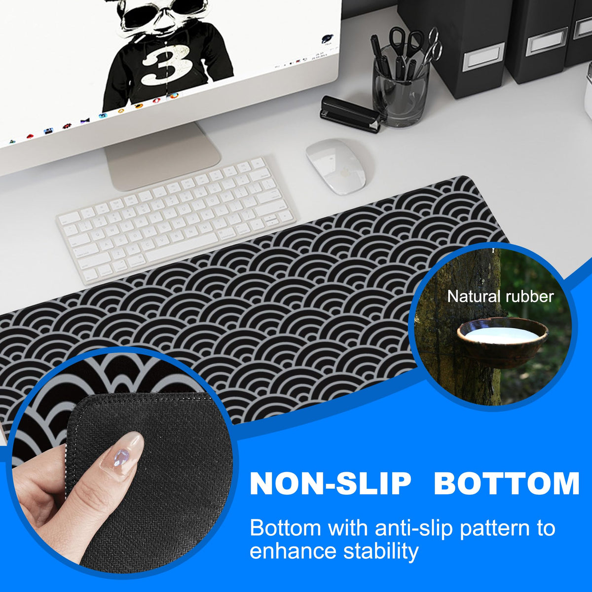 Desk Pad, Black and Silver Fan-Shaped Waves Extended Gaming Mouse Pad Large, 31.5"x11.8" Big Mouse