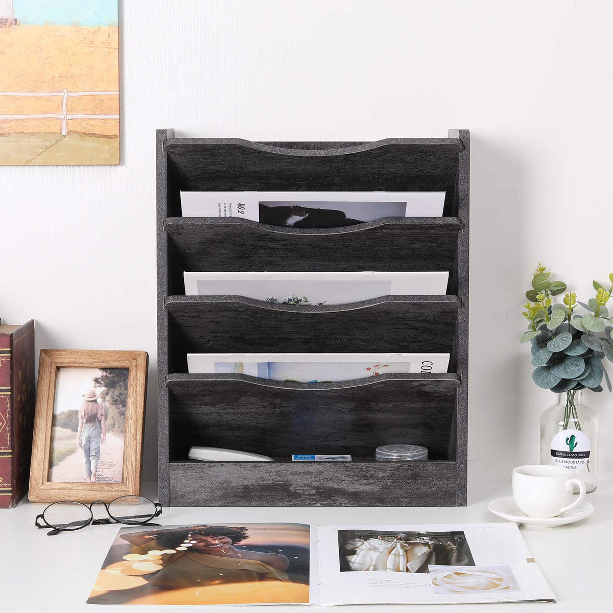 PAG-Mass 5-Tier Wall File Holder Hanging Mail Organizer Wood Magazine Literature Rack with 6 Hooks