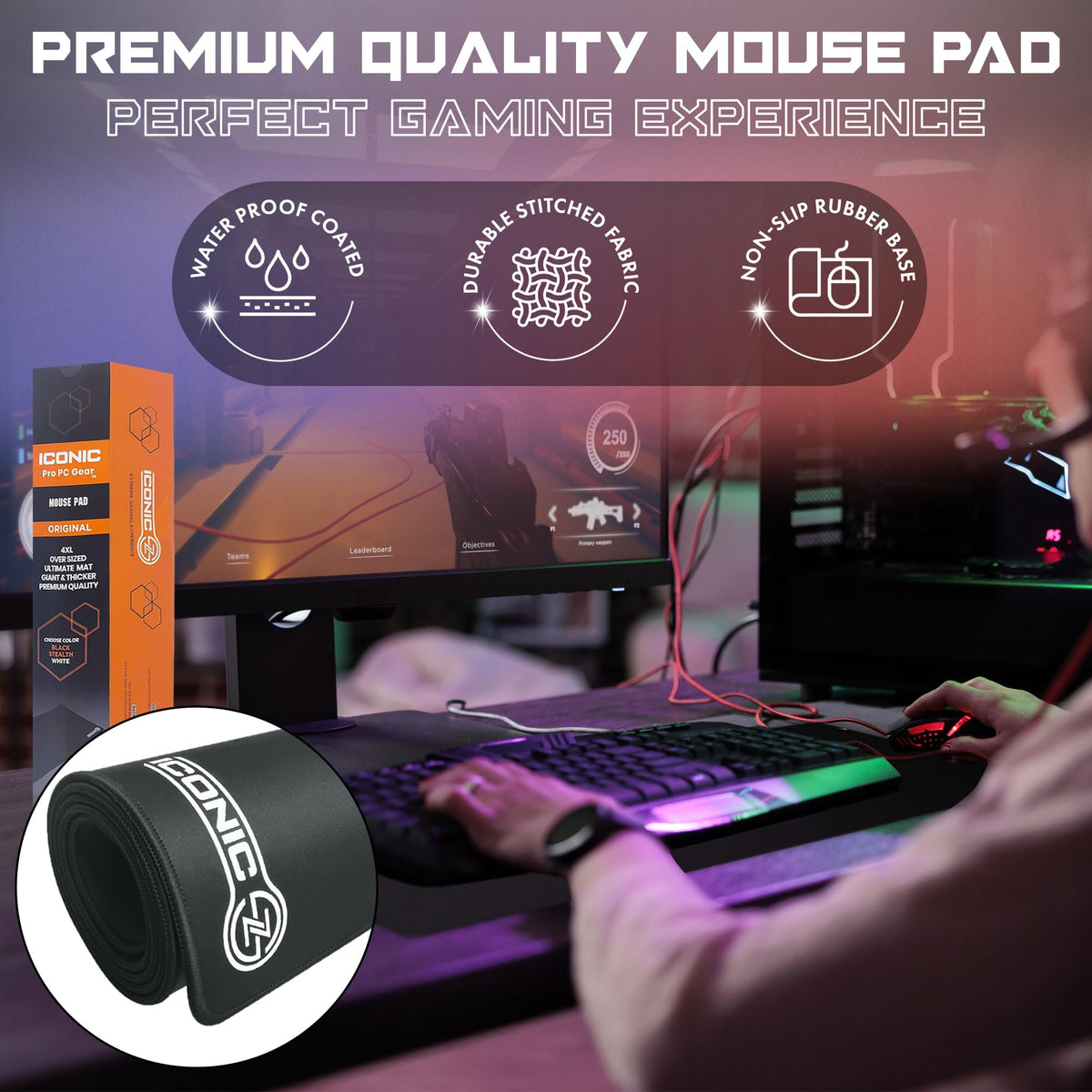 ICONIC - PRO PC GEAR 4XL Oversized & Ultimate Gaming Desk Mat 54"x23"(Black) - Giant & Thicker 4mm