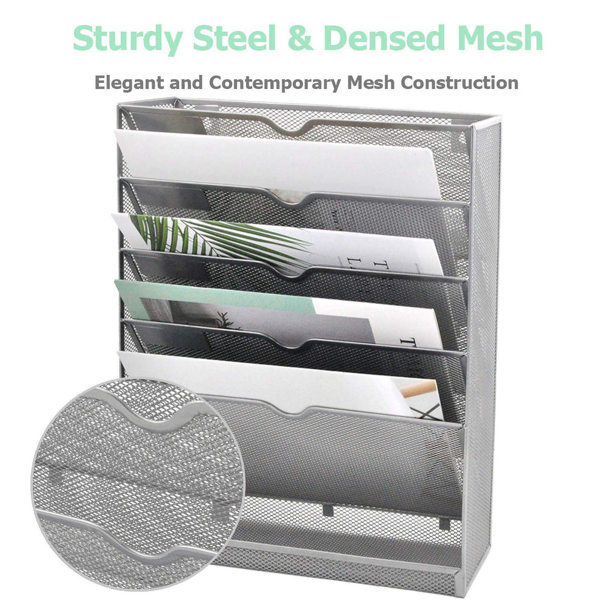 EASEPRES Mesh Wall File Organizer 6 Tier Vertical Mount Hanging Holder Magazine Rack with Bottom