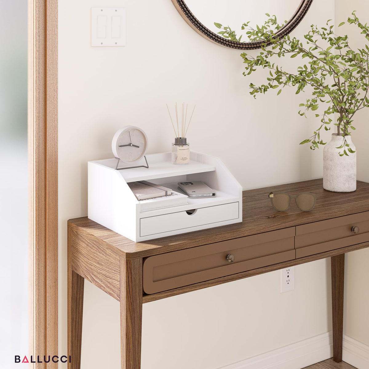 Ballucci Desk Organizer with Drawer, 2 Tier Paper Office Supplies Desk Organizer, 13 2/5" x 9 3/5"