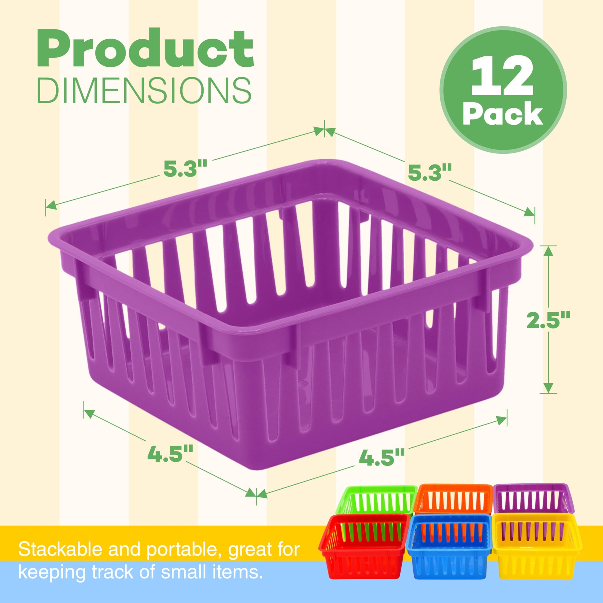 4E's Novelty 12 Pack Small Classroom Storage Baskets, Square 4.5" Sturdy Plastic Colorful Crayon &