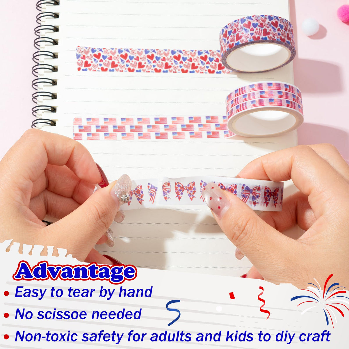 BkeeCten Patriotic Flower Washi Tape Strong Adhesion for Gift Wrapping