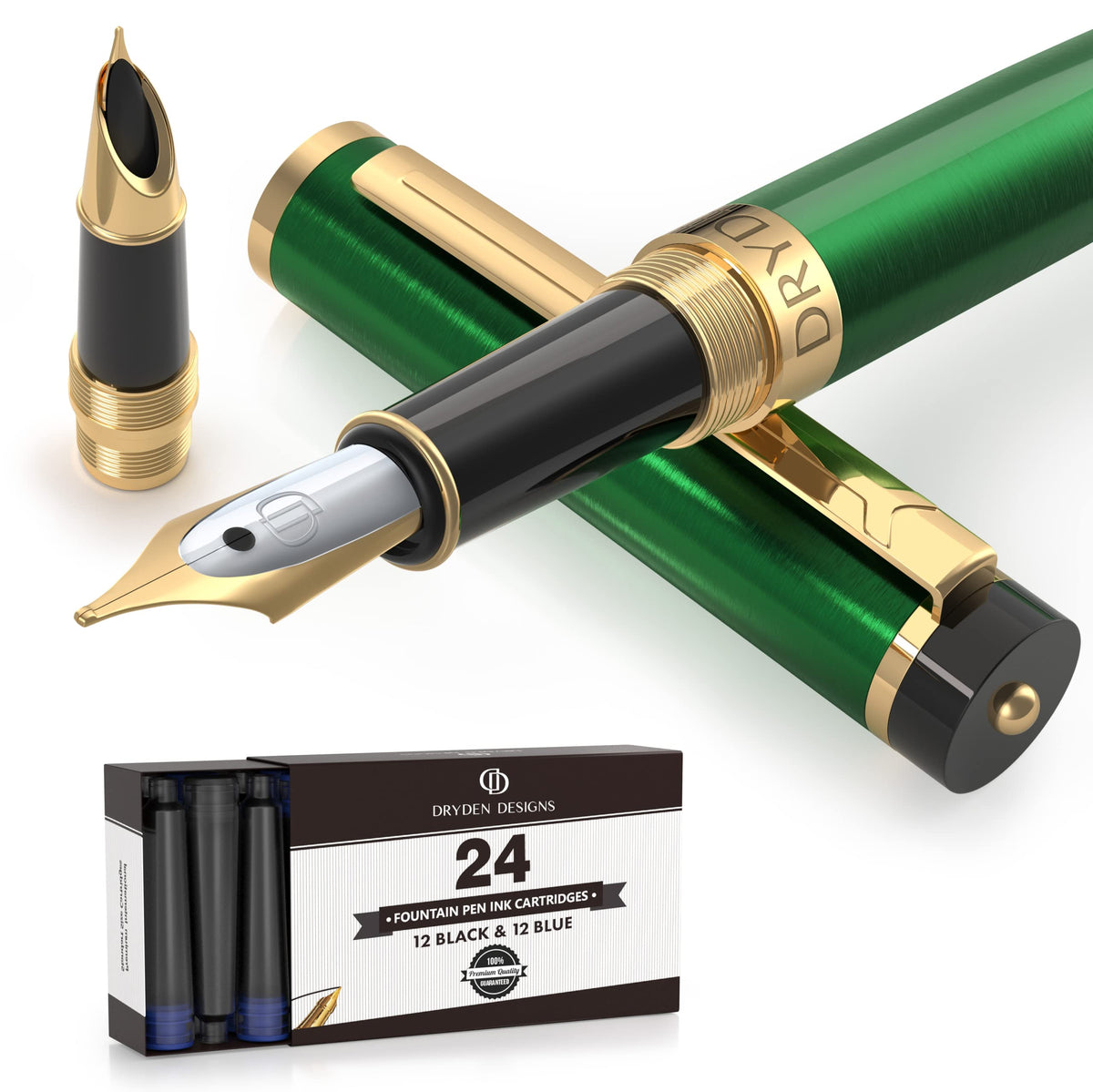 Dryden Designs Fountain Pen - Medium and Fine Nibs | Includes 24 Ink Cartridges and Ink Refill