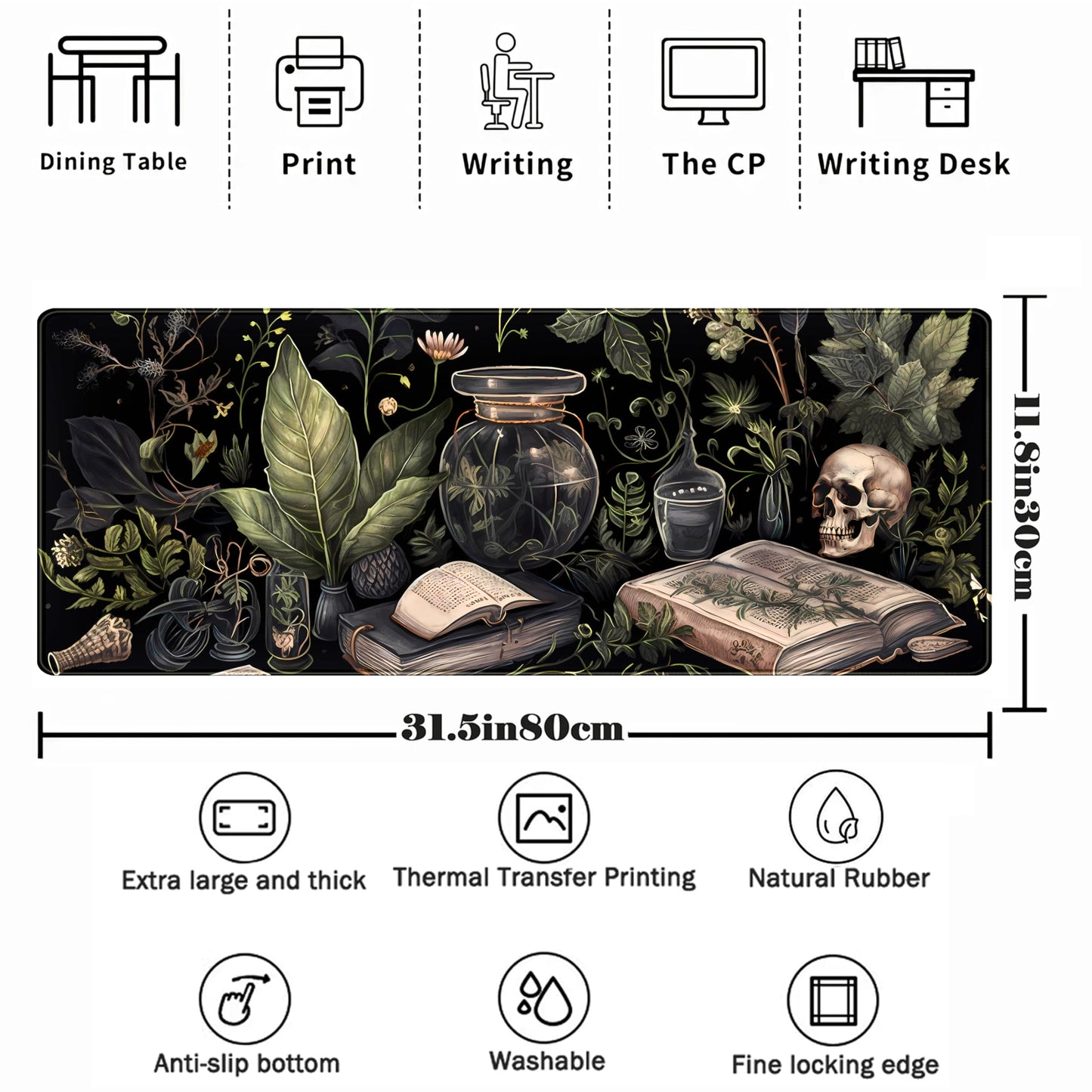 Dark Academia Desk Mat Mouse Pad XL Extended Large Gaming Desk Pad Mousepad, Mystical Green Plant