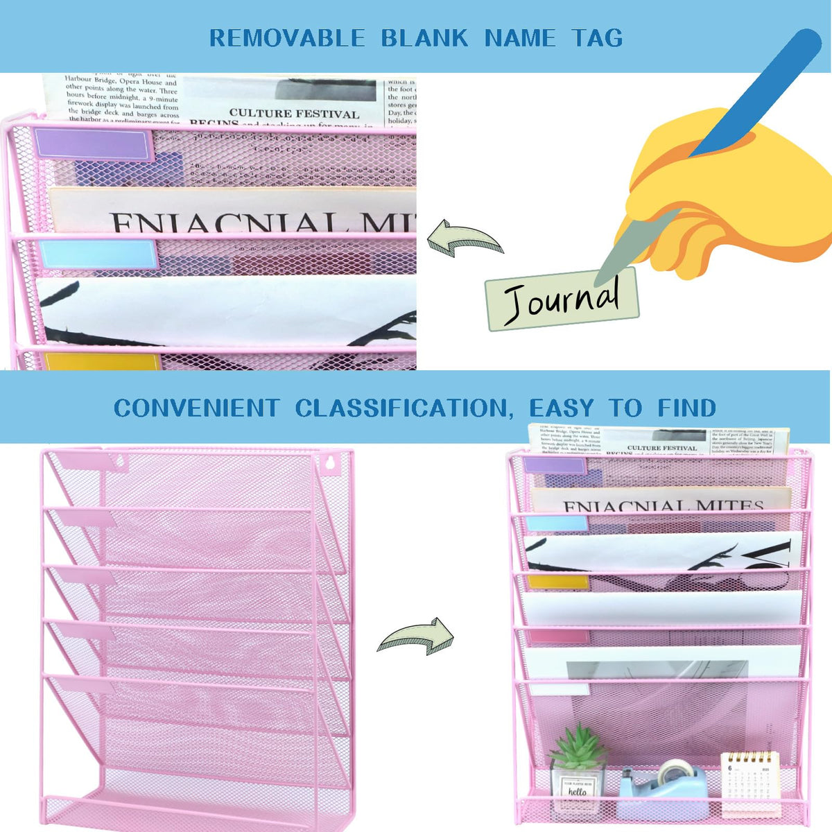 ideallife 5 Pockets Mesh Wall File Holder Organizer with Bottom Flat Tray, Office Hanging File