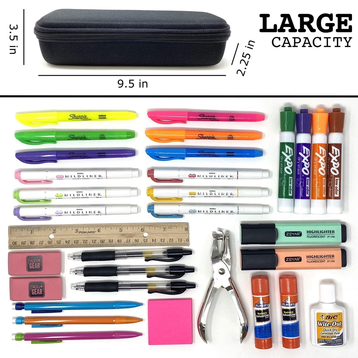 Arber Large Capacity Pencil Pen Case - Simple Zipper Organizer Box - Hard Sided Slim Art Pouch Bag
