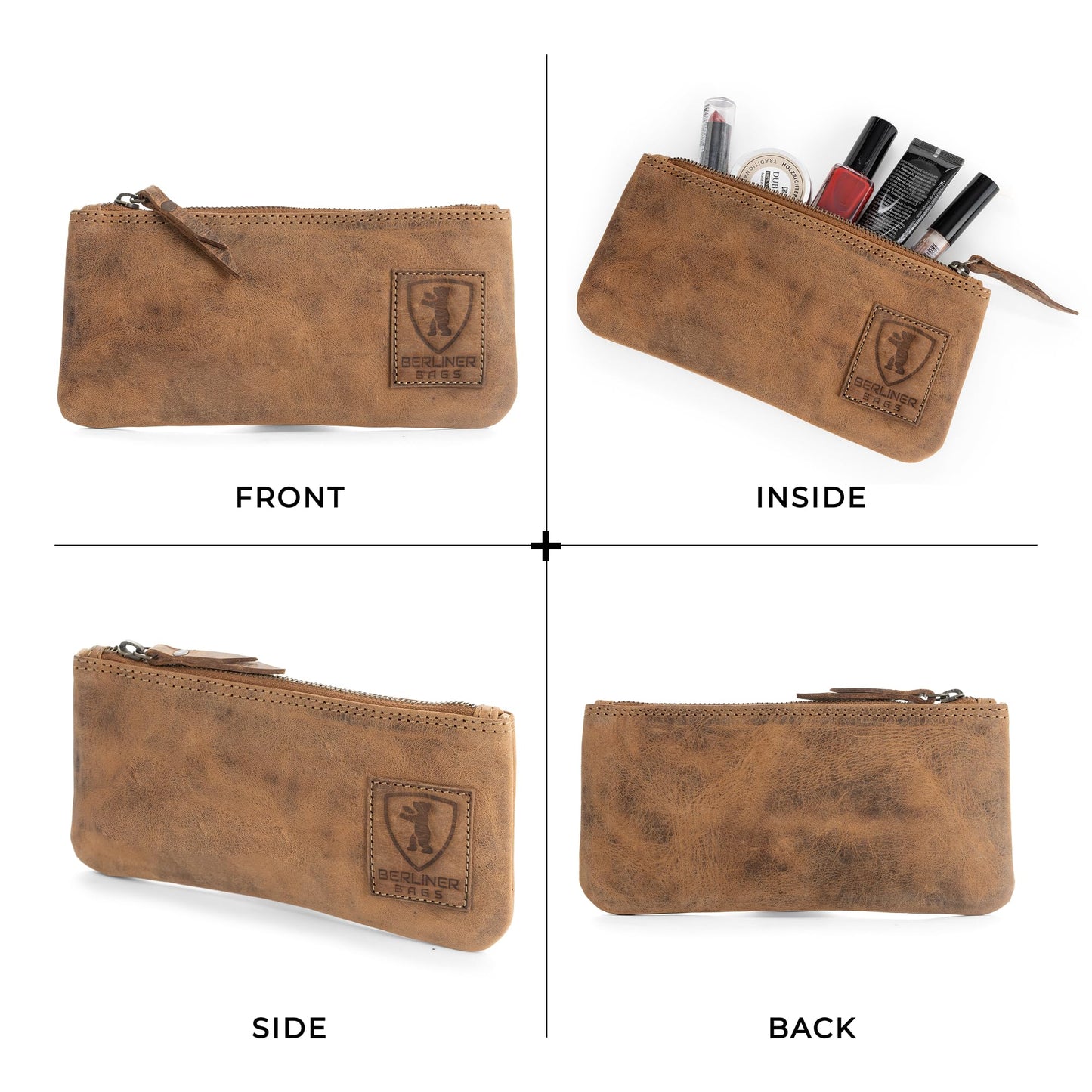 BERLINER BAGS Genuine Leather Pencil Case, Vintage Pen Pouch - Brown