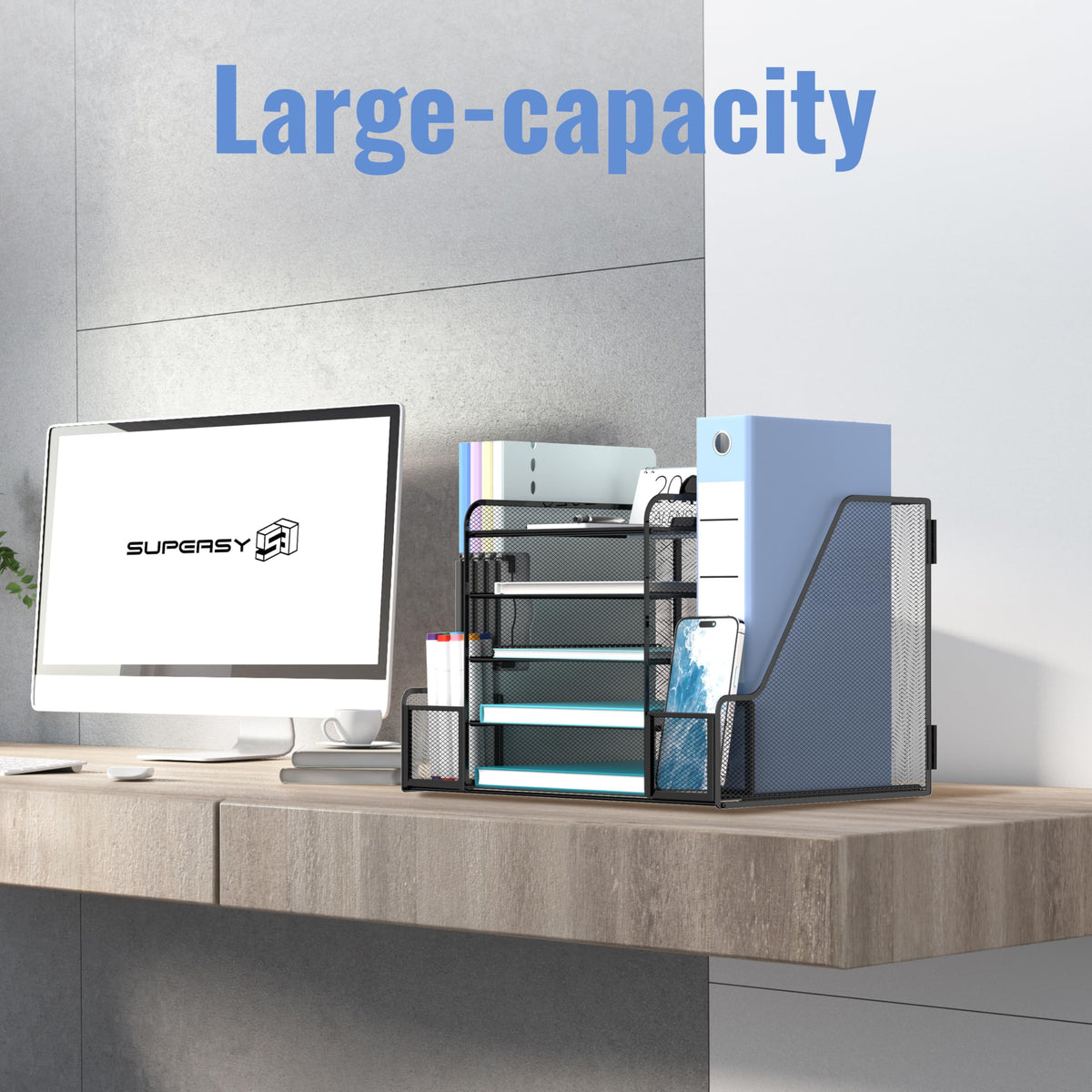 5-Tier Desk Organizer with Paper Trays, File Holders and Pen Holders, Black