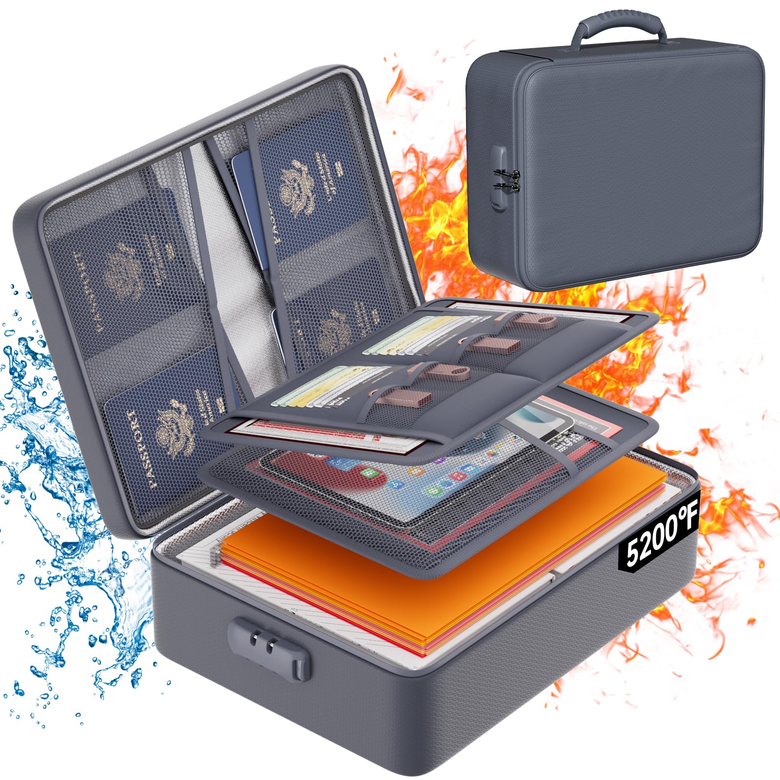 DocSafe 5200°F Fireproof Document Organizer Box with Lock, Gray (Soft)