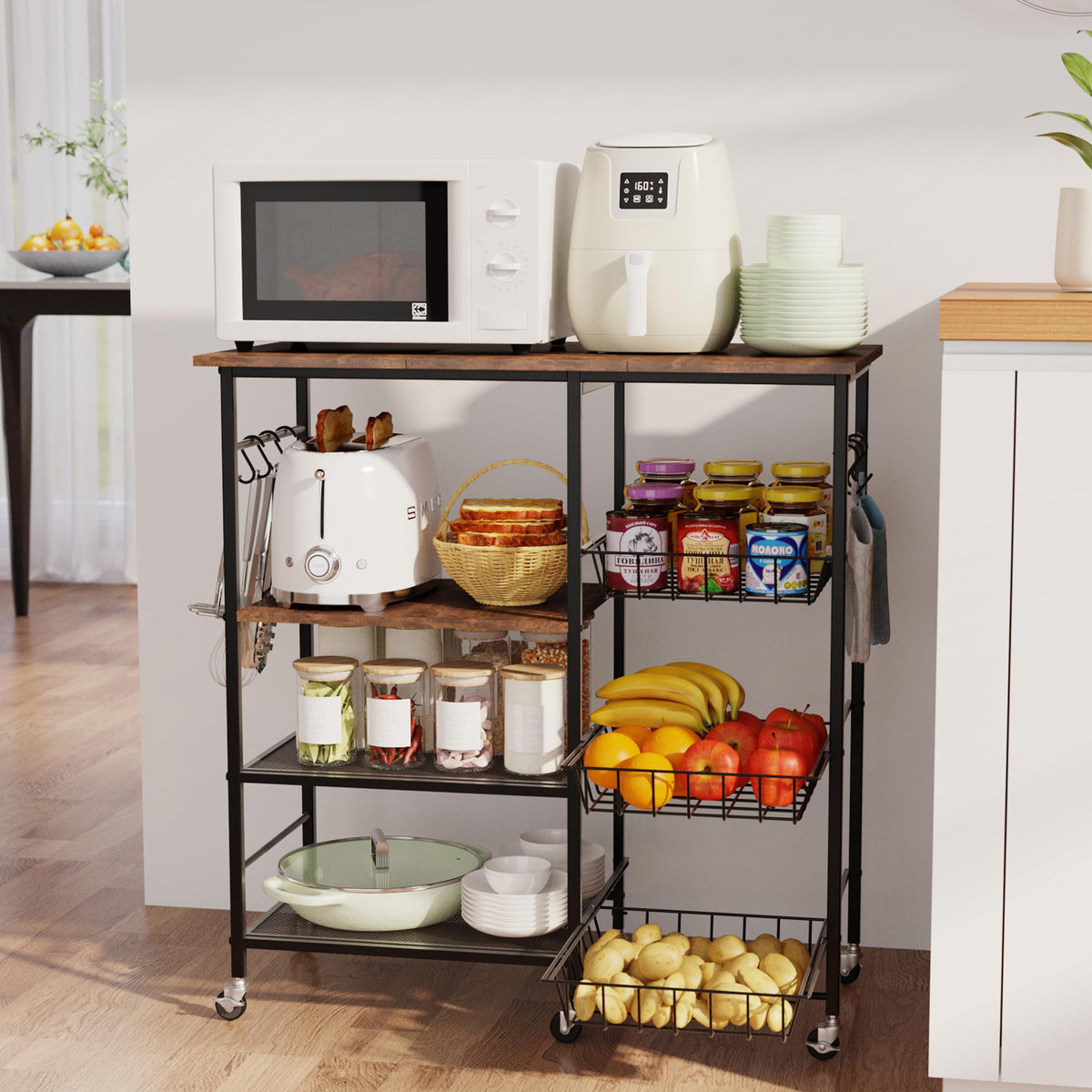 HapiRm Rolling Kitchen Microwave Cart - 4 Tier Microwave Table Stand with Pull-Out Baskets, Coffee