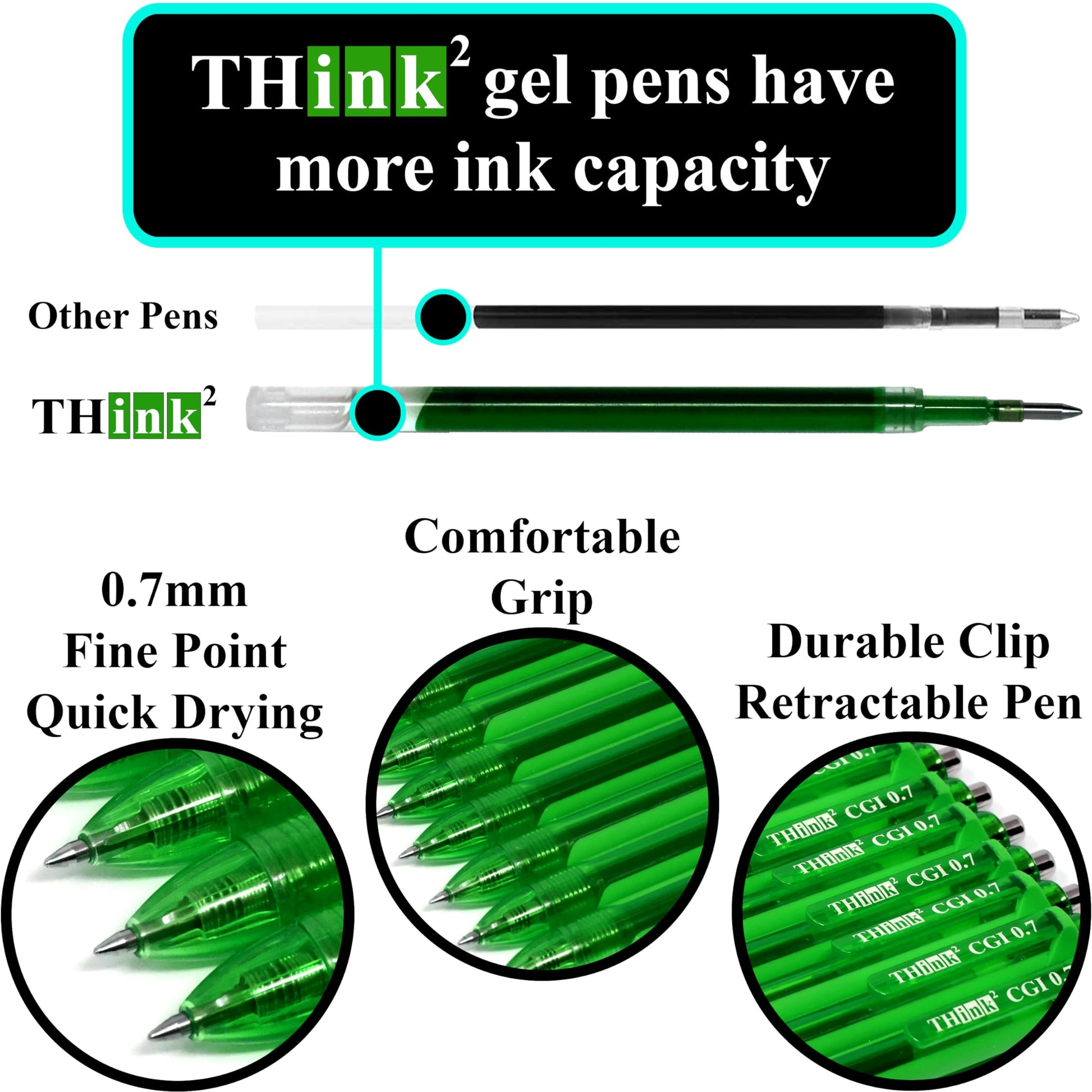 [24 Pens - Green Ink] Think2 0.7mm CGI Retractable Gel Pens. (24 Green) Medium Point Rollerball