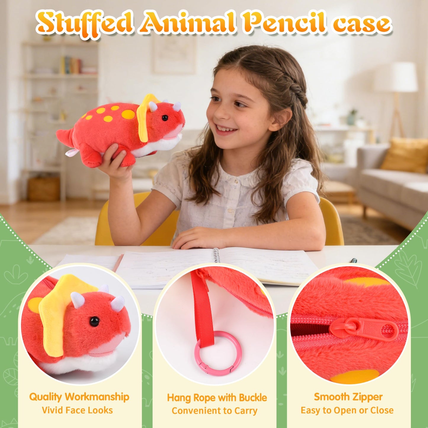 Pencil Case for Kids, BB FUNHOUSE 3D Stuffed Triceratops Plush Pen Pouch Bag Stationery Case School