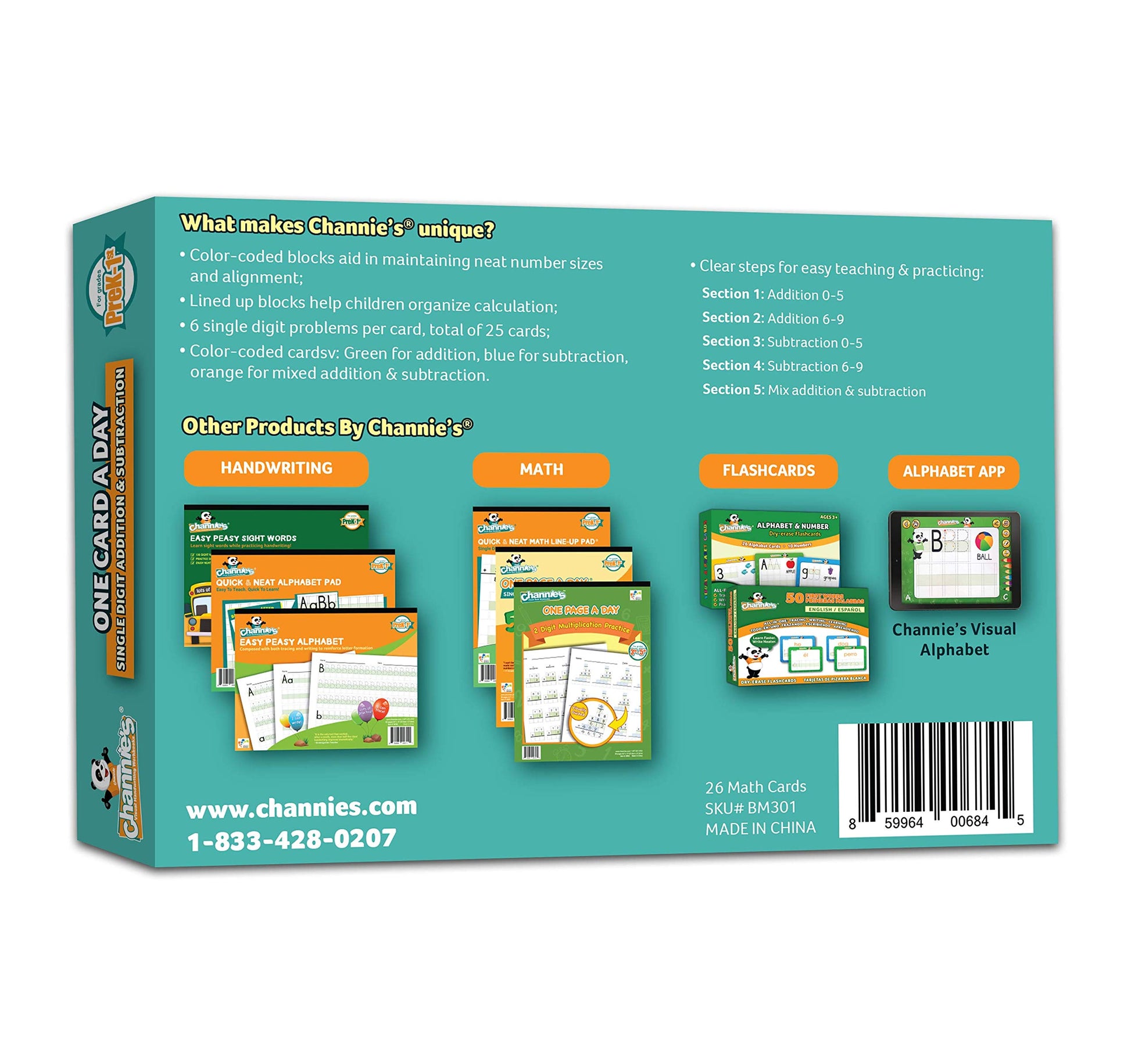 Channie’s One Card a Day Single Digit Addition and Subtraction Flash Cards, 34 Dry Erase Pre K