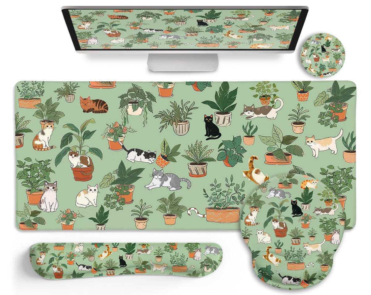 LIMKRIAN Cat Ergonomic Mouse Pad XXL Desk Mat Set, Green Desk Accessories