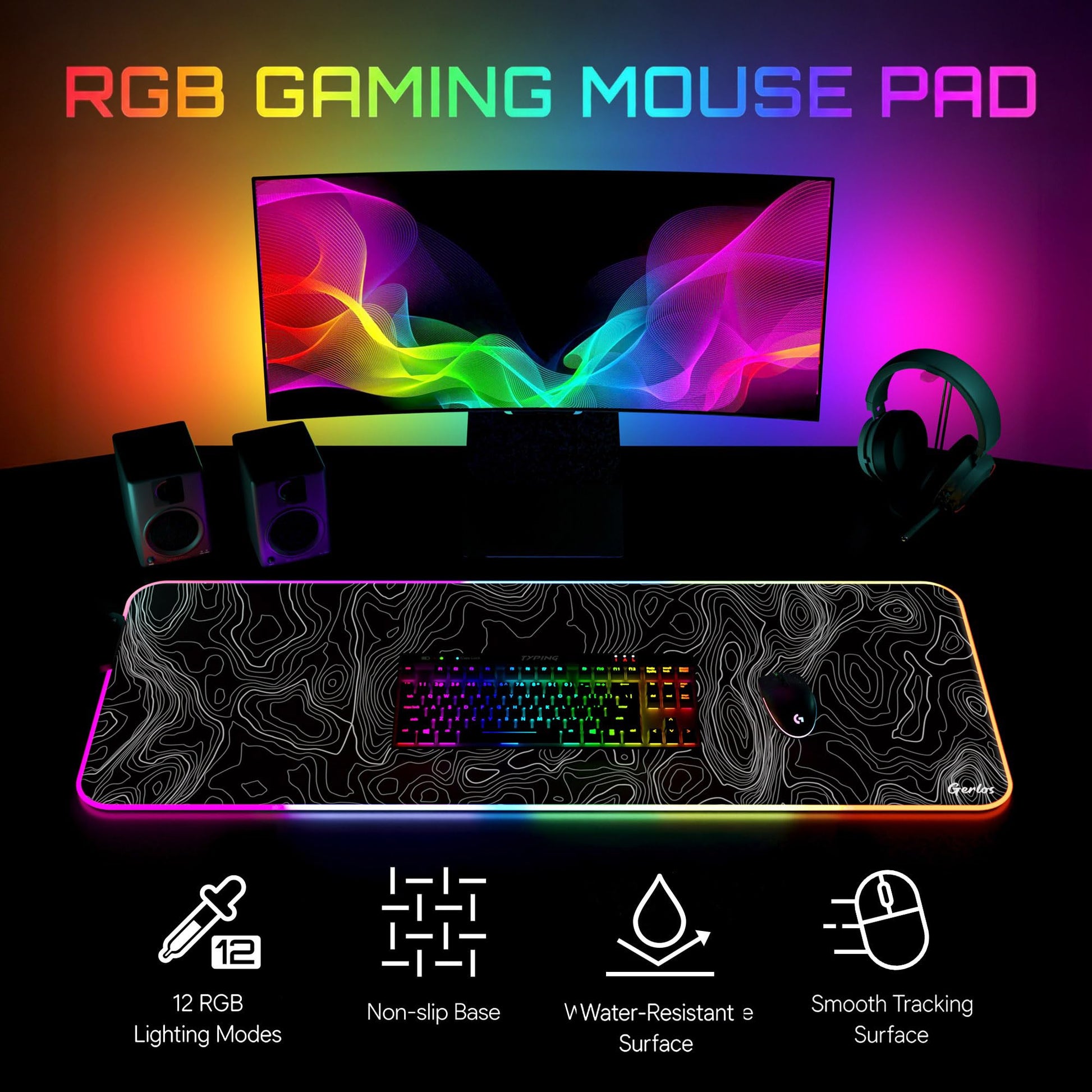 Gerlos RGB Gaming Mouse Pad, Large LED Desk Mat for Gamer, 31.5" x 11.8"