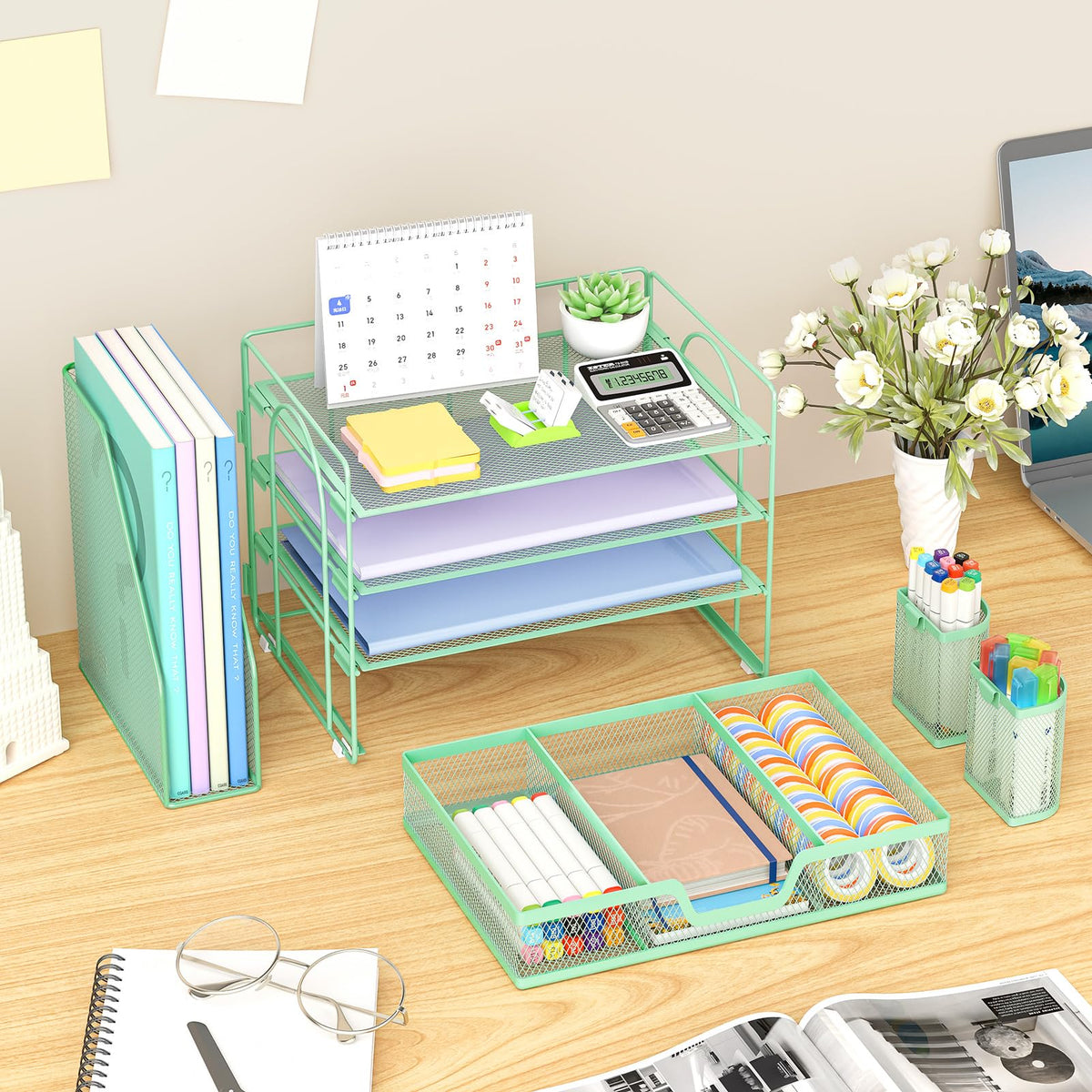 Marbrasse 4-Tier Paper Tray Organizer with Drawer and Pen Holder, Green
