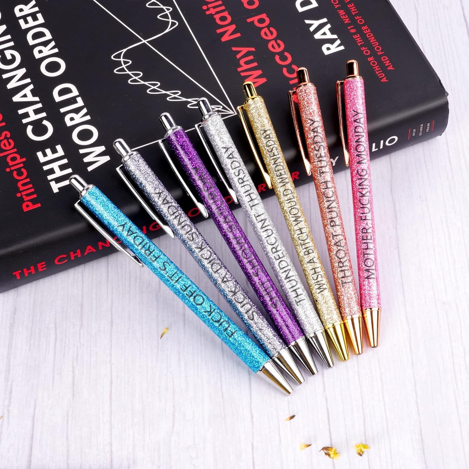 Jxueych 7 Pcs Funny Ballpoint Pen Set Gift for Coworker, Days of The Week Daily Glitter Pen, Black