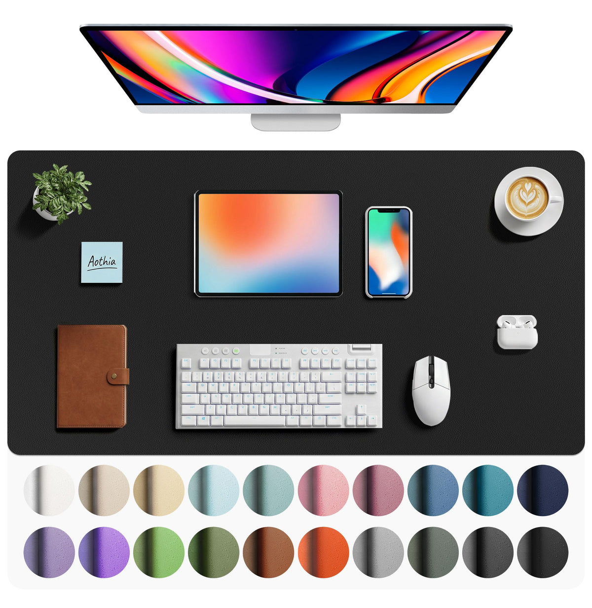 Aothia Faux Leather Desk Mat - Large Mouse Pad, Non-Slip PU Leather Blotter, Waterproof Writing