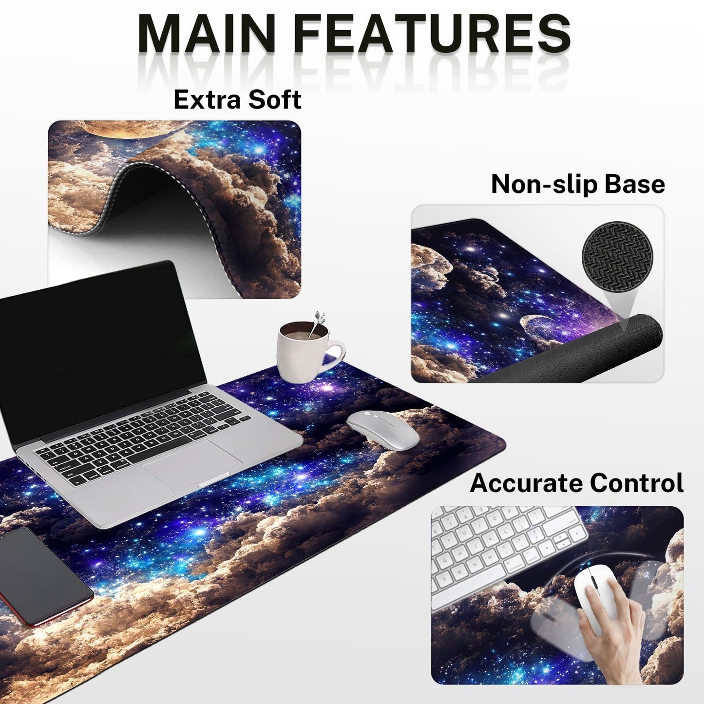 Britimes Keyboard Mouse Pad Set, 4 in 1 Desk Mat Set, Space Moon