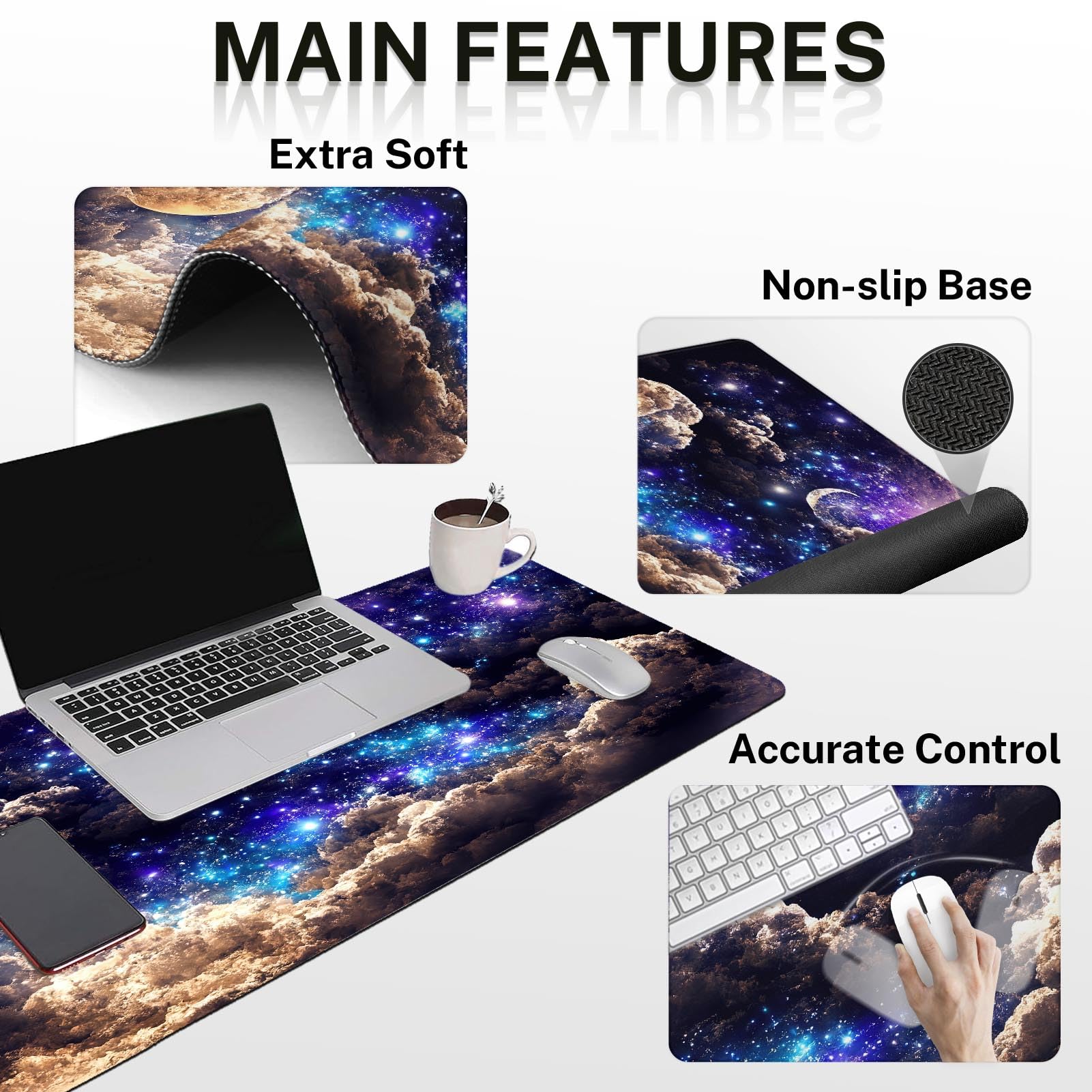 Britimes Keyboard Mouse Pad Set, 4 in 1 Desk Mat Set, Space Moon