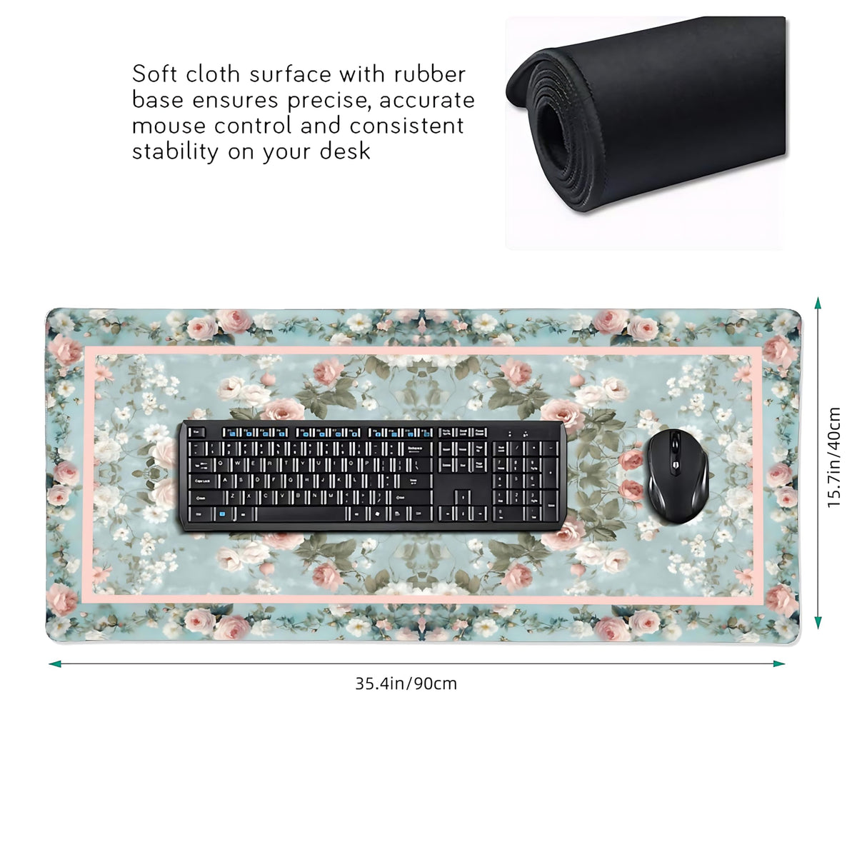 Floral Aesthetic Rose Gaming Mouse Pad, Muted Green Rug Desk Mat with Anti-Slip Base & Stitched