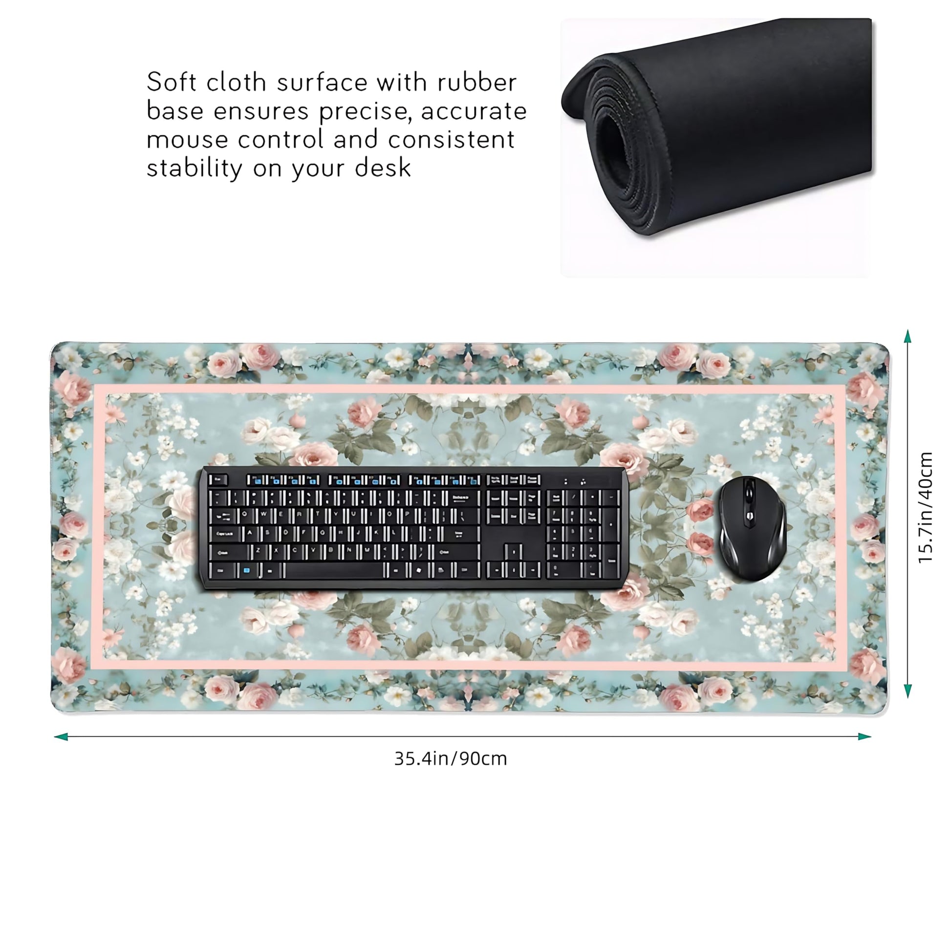 Floral Aesthetic Rose Gaming Mouse Pad, Muted Green Rug Desk Mat with Anti-Slip Base & Stitched
