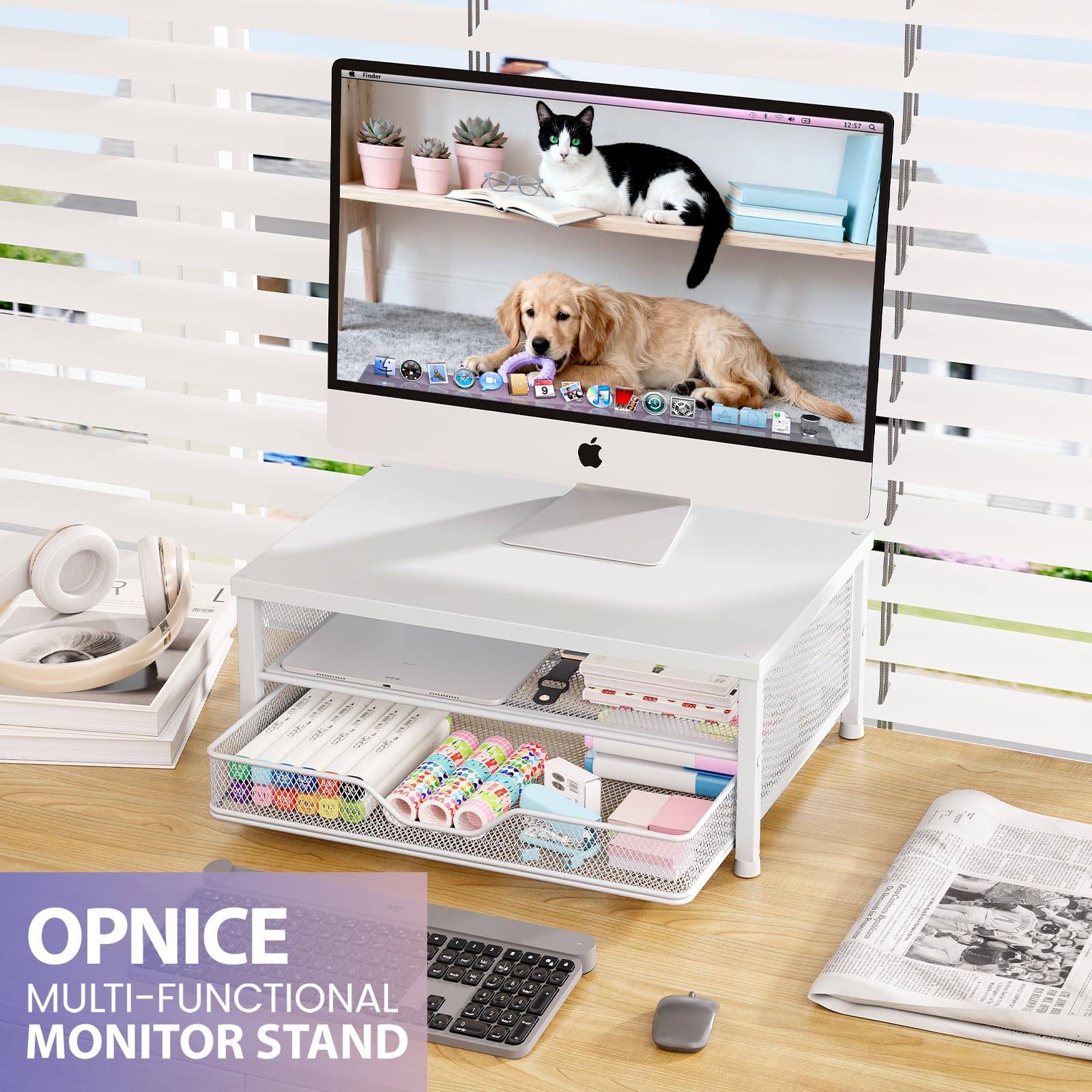 OPNICE Computer Monitor Stand Riser, Desk Organizer with Drawer, Printer & Laptop Stand, Office