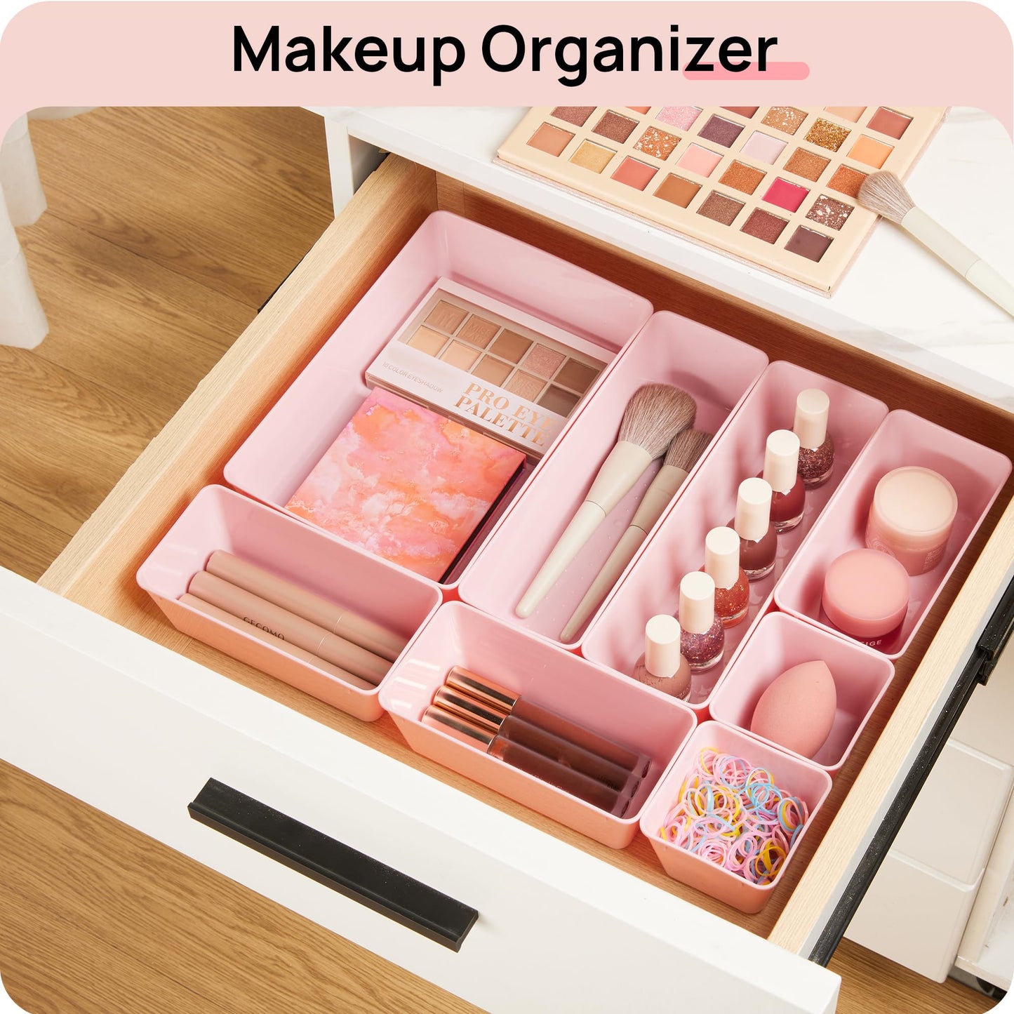 Vtopmart 44 PCS Plastic Drawer Organizers Set, Vanity Organizer Trays, Pink