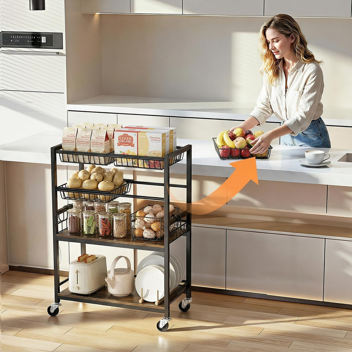 Kssiaz Fruit Vegetable Storage Cart, 4 Detachable Basket