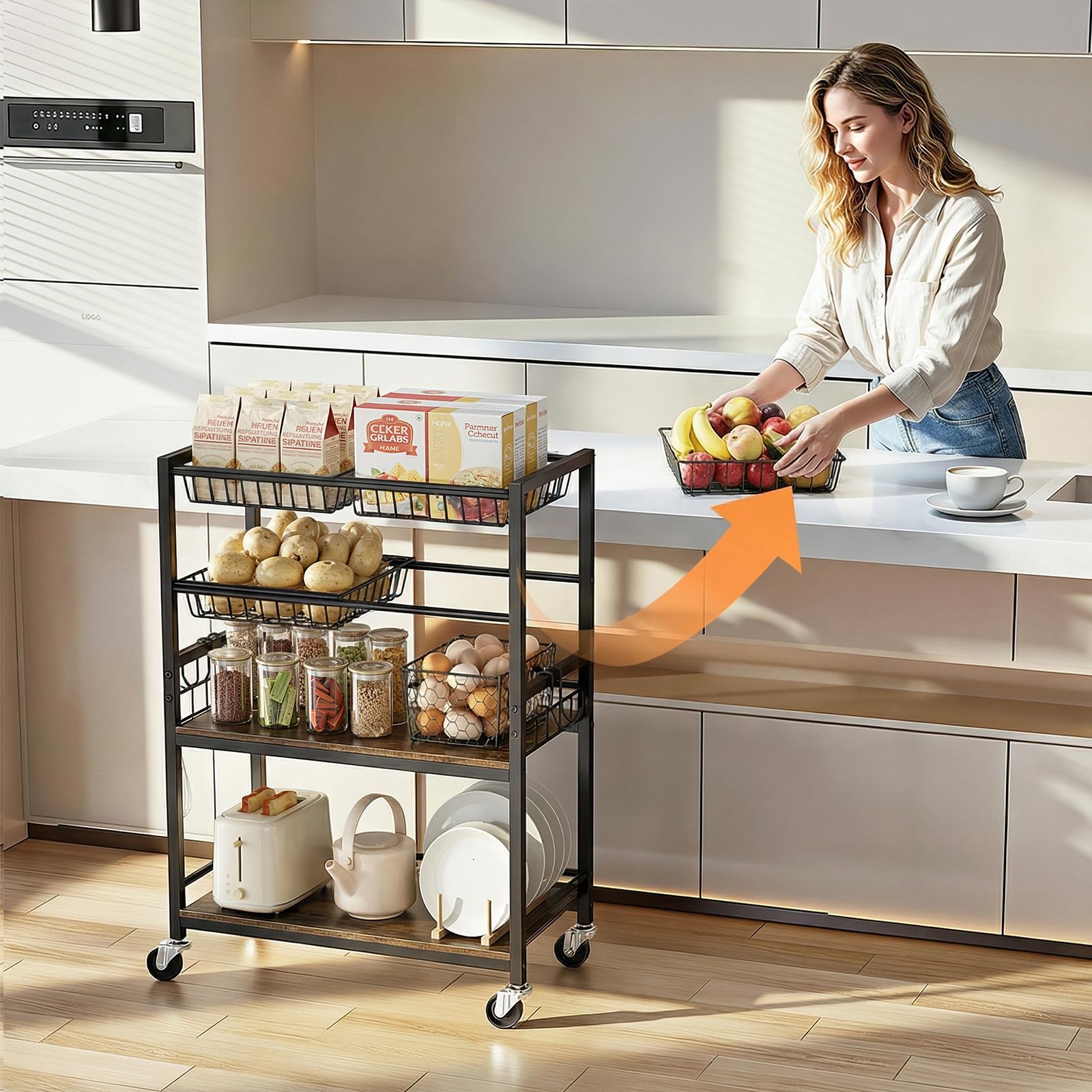 Kssiaz Fruit Vegetable Storage Cart, 4 Detachable Basket