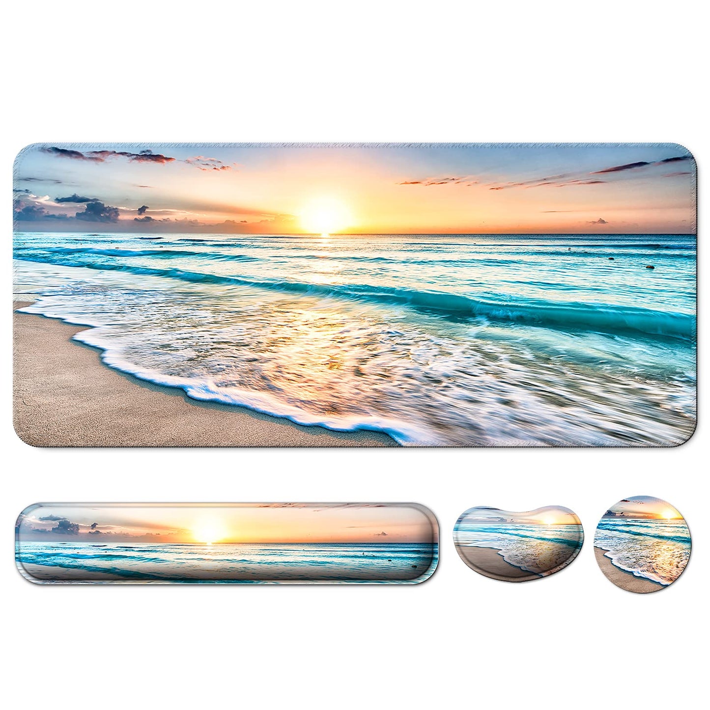 4 in 1 Mouse Pad and Keyboard Wrist Rest,Large Desk Mat,Coaster Set-Beach