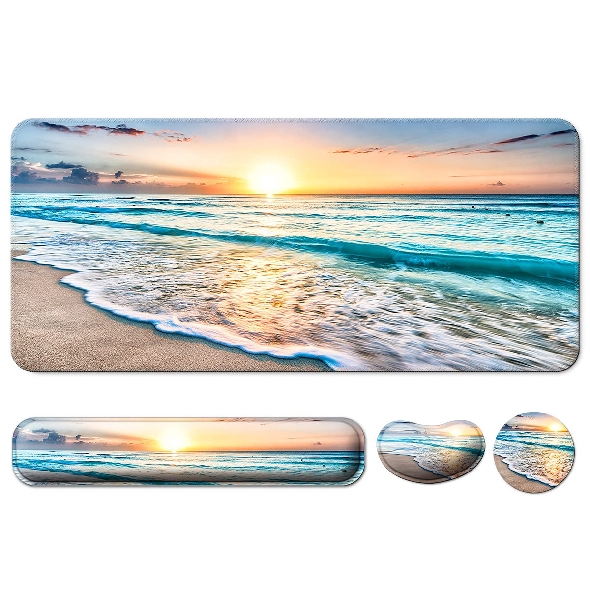 4 in 1 Mouse Pad and Keyboard Wrist Rest,Large Desk Mat,Coaster Set-Beach