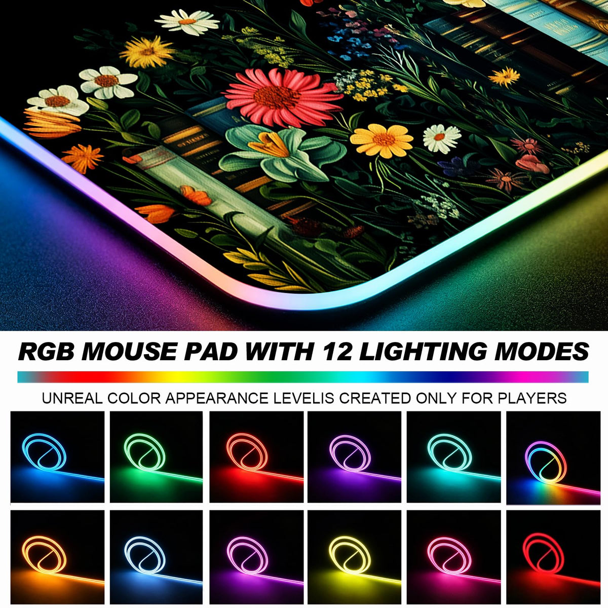 JIANG100 RGB Whimsical Wildflower Book Scene Gaming Desk Mat, XL Mouse Pad