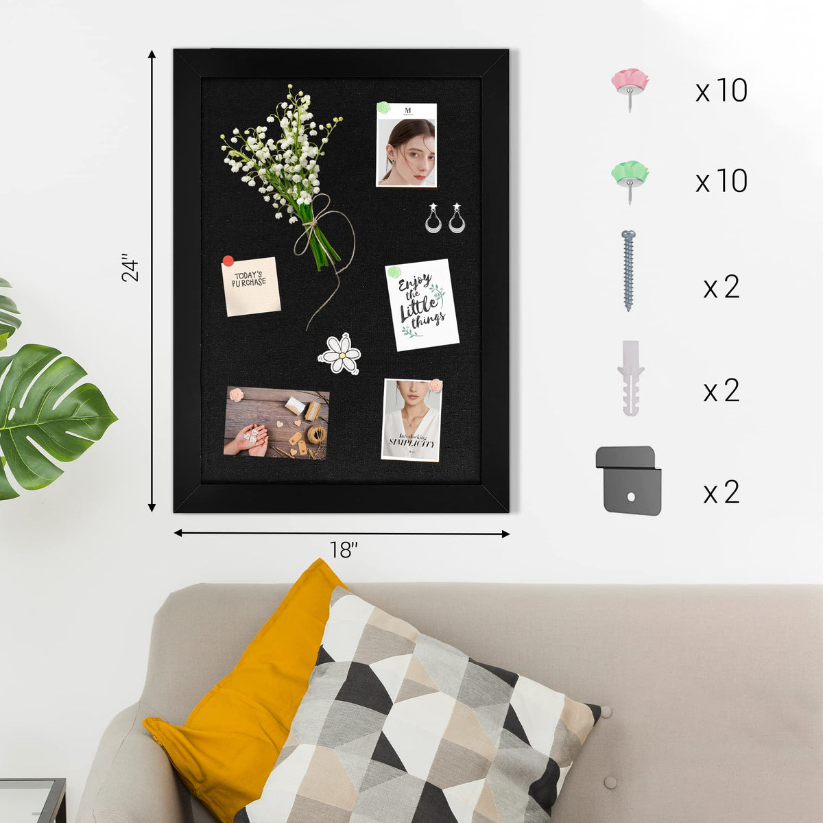 Board2by Black Cork Board Bulletin Board with Linen, Wood Framed 24" x 18" Corkboard, Office Board