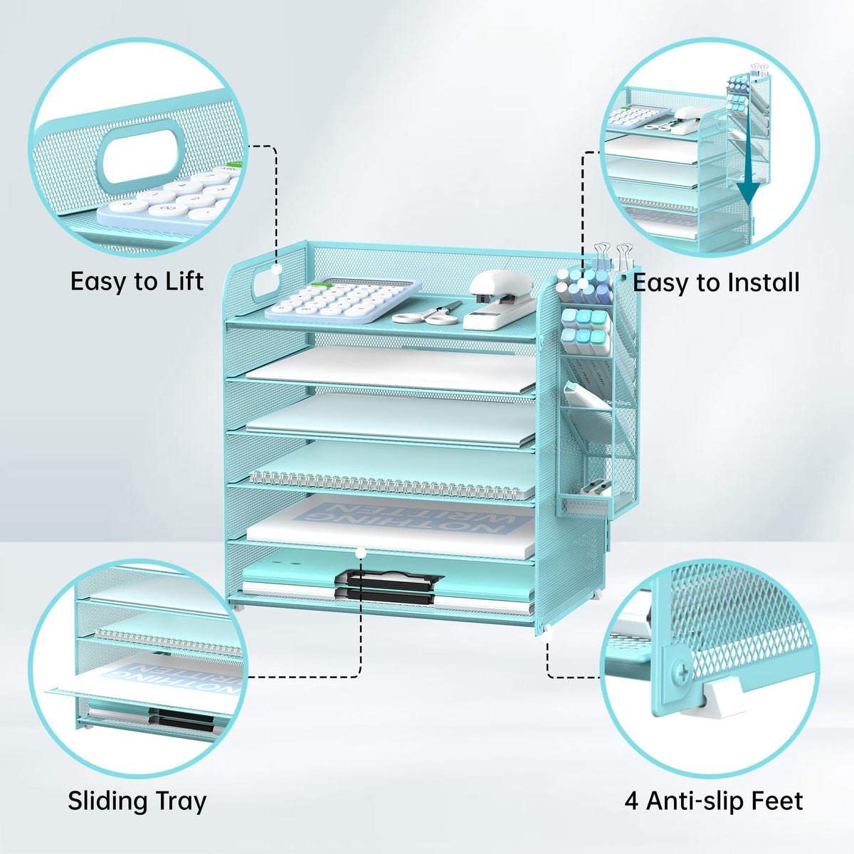 Supeasy 6 Tier Desk Organizer with 4 Pen Holders & Mesh Paper Trays Blue