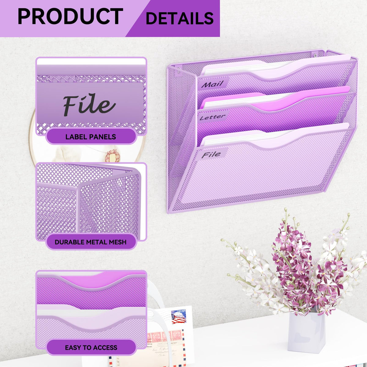 GDINDINFAN 3 Pockets Hanging Wall File Organizer Mail Holder, Wall Mounted Paper Document Folder