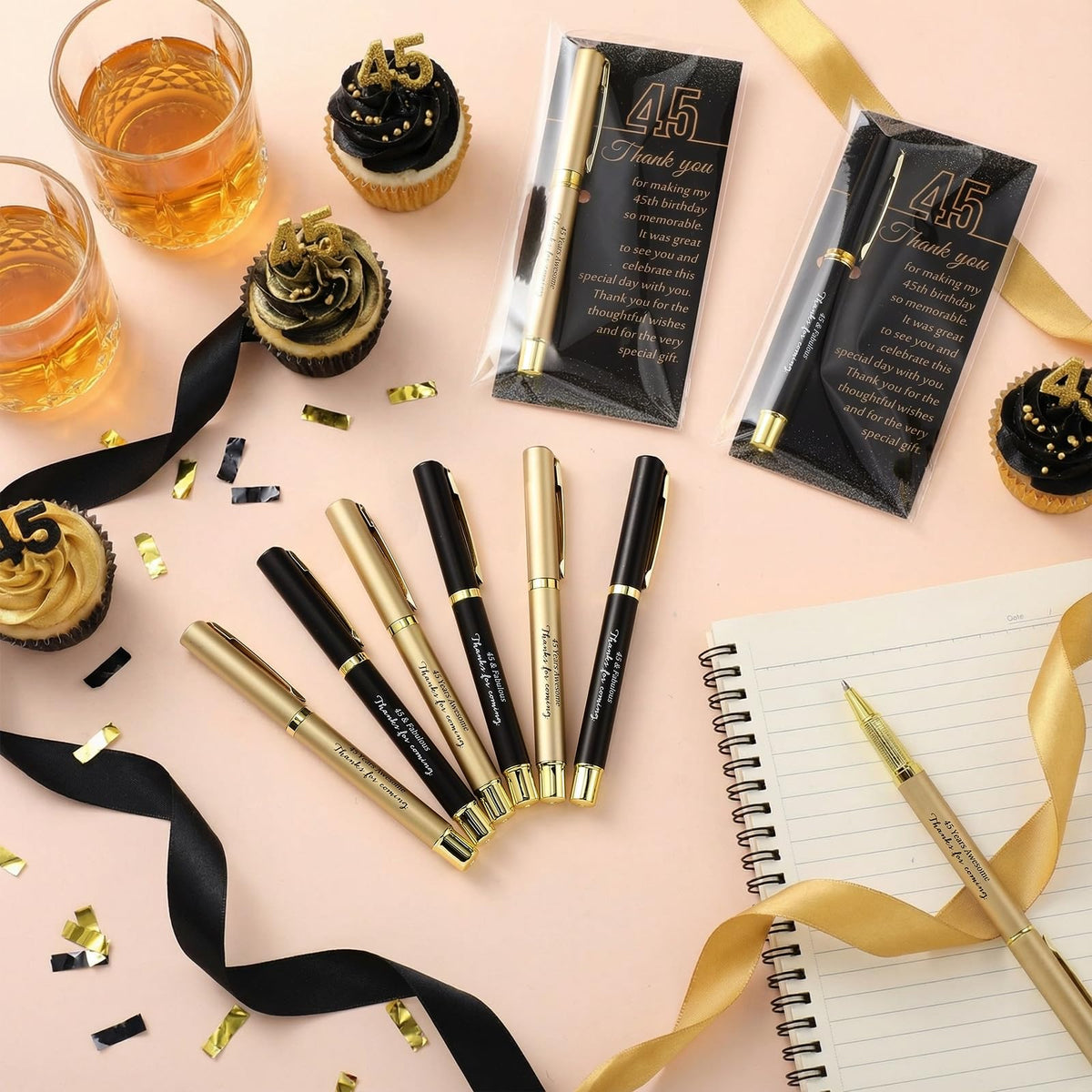 Feifeiya 50 Set 45th Birthday Favors with Black Gold Pens Cards