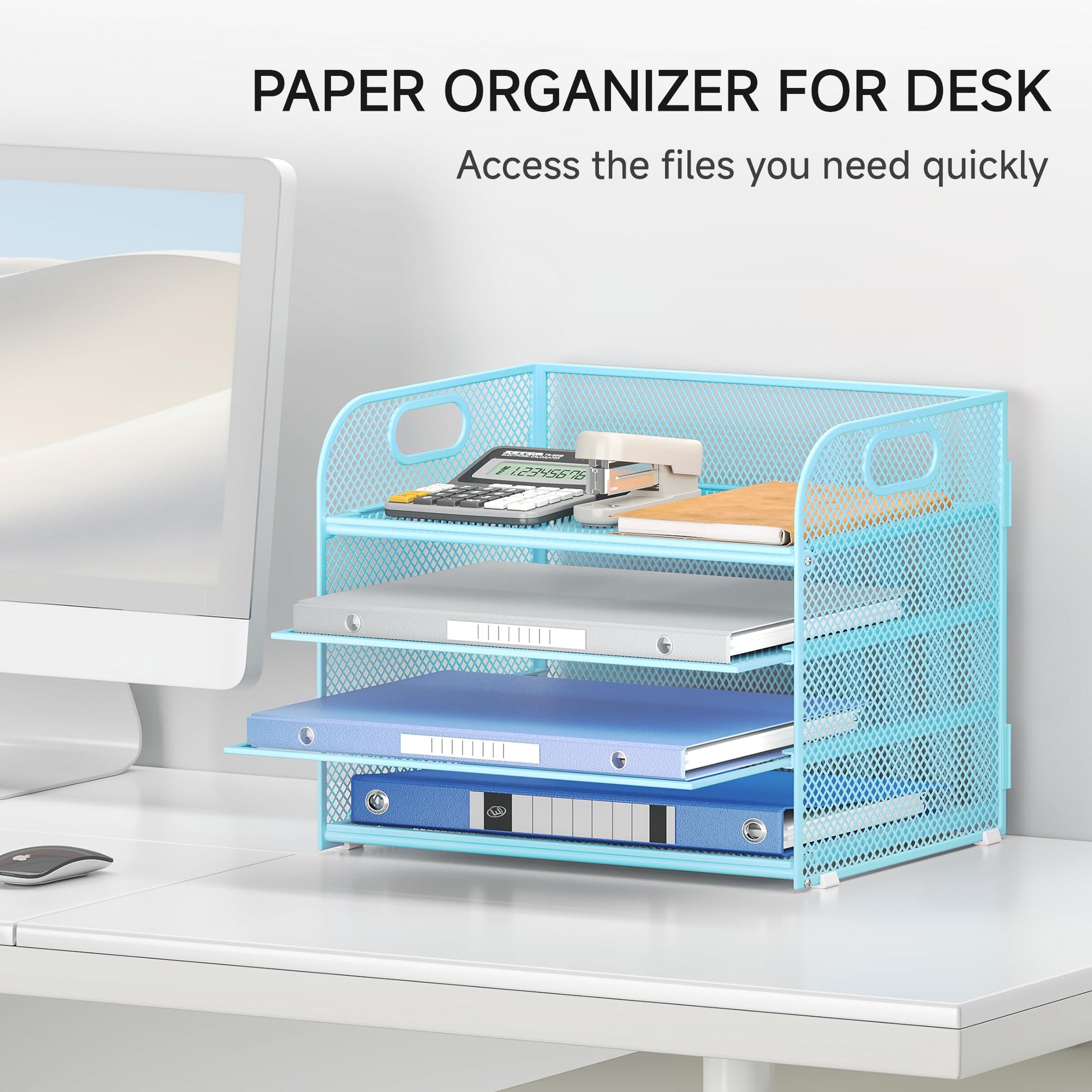 Lavatino 4-Tier Paper Organizer Trays - Blue Mesh File Folder Sorter with Handles, Desk Letter