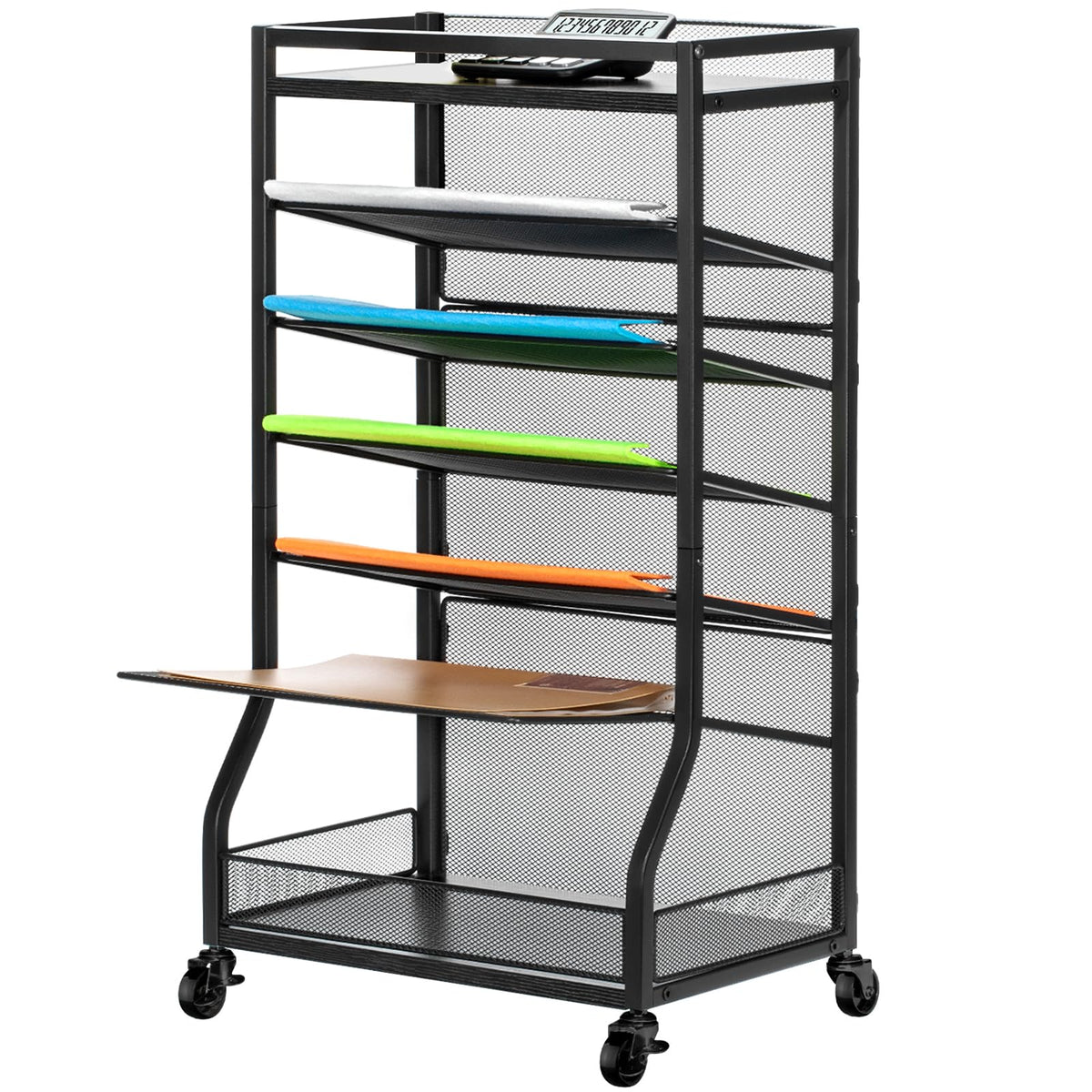 ThreeHio 7 Tier Rolling File Cart with Sliding Trays, Wood Metal File Organizer Beside Desk