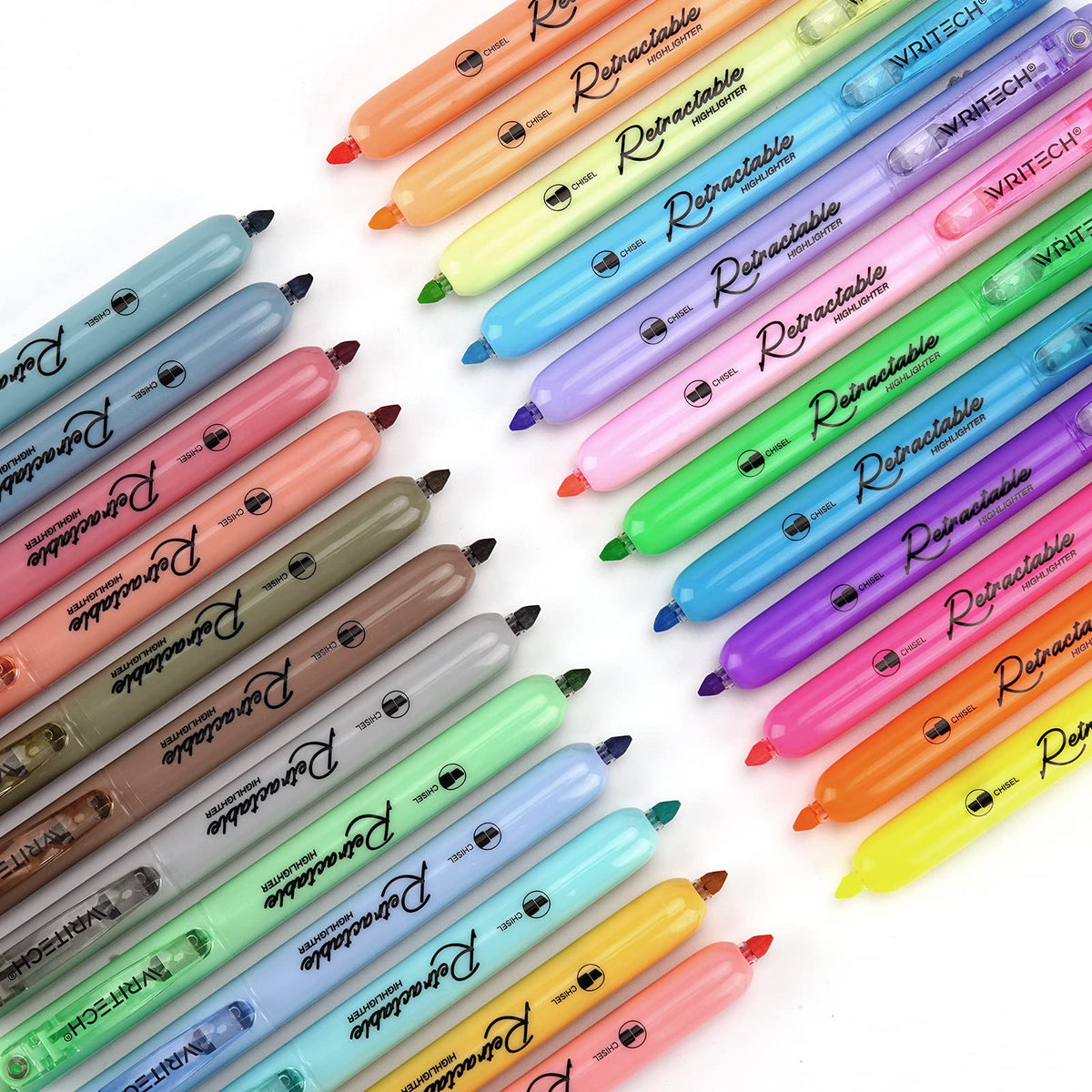 WRITECH Retractable Highlighters Chisel Tip: Assorted Colors 24ct Set