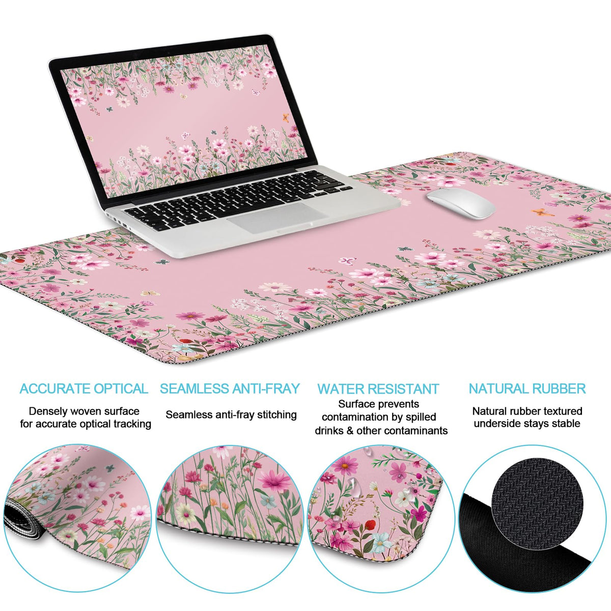 LIMKRIAN Floral Desk Mat Set, Cute Pink Desk Accessories Gifts for Women